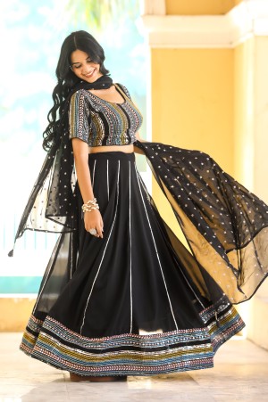 Heavy embroidery full stitched beautiful georgette black lehenga choli dupatta